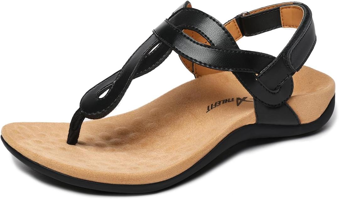 Athlefit Womens Black Orthopedic Arch Support Sandals Casual Summer Walking Adjustable Thong Sandals for Women Size 6.5