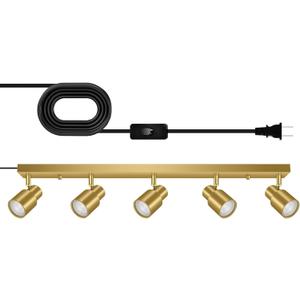 Track Lighting Plug in, 30" LED Track Light Fixtures Ceiling, Gold 5 Way Spotlight, Rotatable Head, Plug Wall Lights with 14.8FT Cord, Ceiling Lighting for Kitchen Hallway Bar(GU10, NO Bulb)