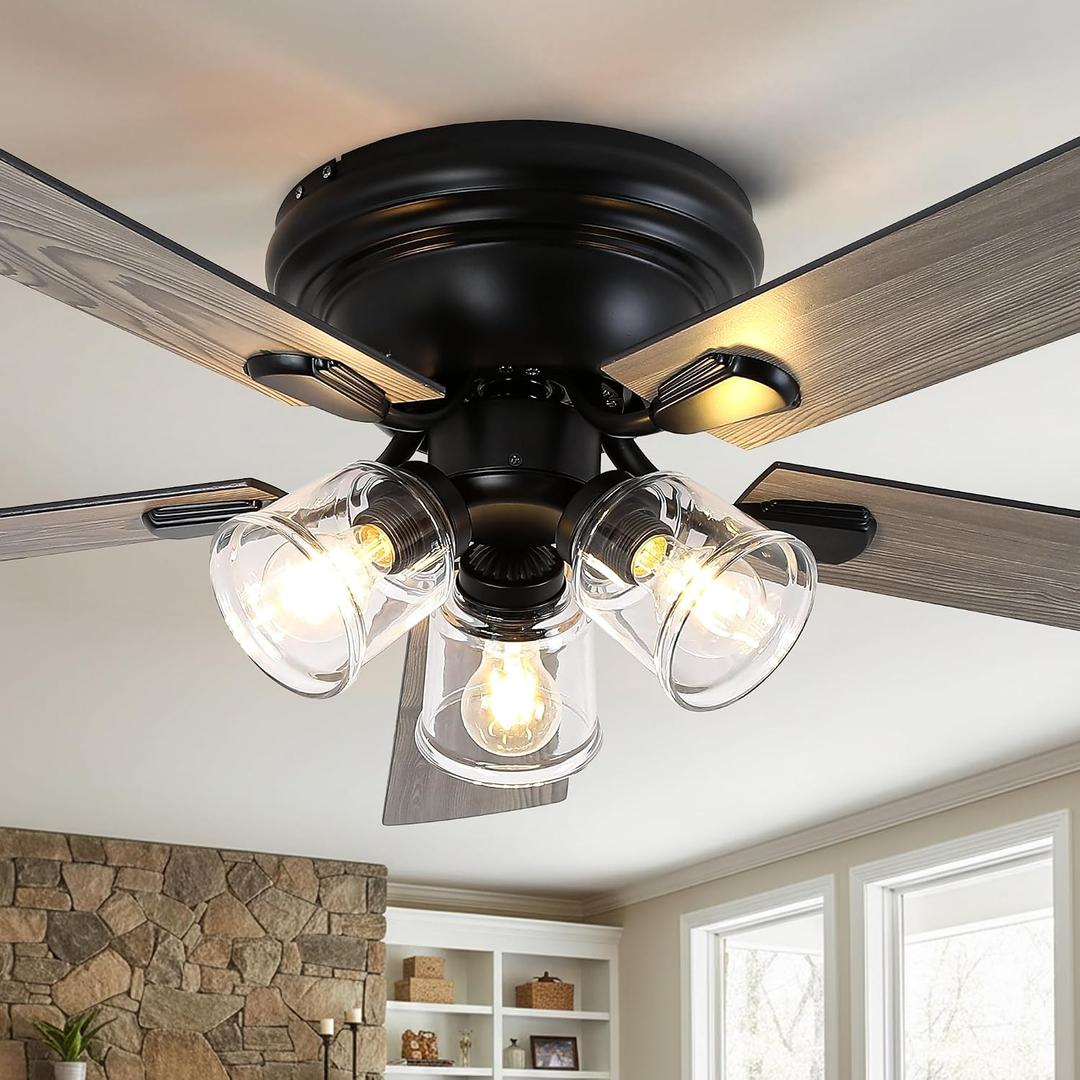 52 Inch Vintage Ceiling Fan with Light and Remote Control, Flush Mount Chandelier Fandelier Rustic with 6 Speeds 5 Reversible Blades for Bedroom Kitchen Dining Room