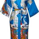 VIKEY Women's Floral Satin Kimono Robe Long Silky Robes Sleepwear for Bride Bridesmaid Wedding Party Nightgown, S