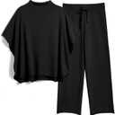 Women's Two Piece Outfits 3/4 Batwing Sleeve Capelet Crew Neck Pullover Top Wide Leg Pants Lounge Set (Medium, Black)