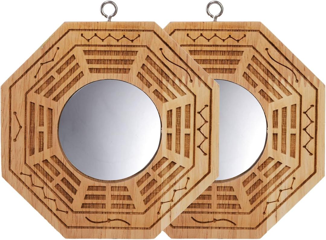 Suwimut Set of 2 Bagua Mirror for Protection, 4 Inch Wood Traditional Chinese Feng Shui Concave Mirror for Home Business Lucky Protection Against Passive Negative Harmful Energy