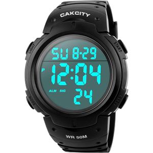 CakCity Mens Digital Watch Military Waterproof Outdoor Large Face Sports Watches with Stopwatch Back Light Alarm Date LED Display,Black
