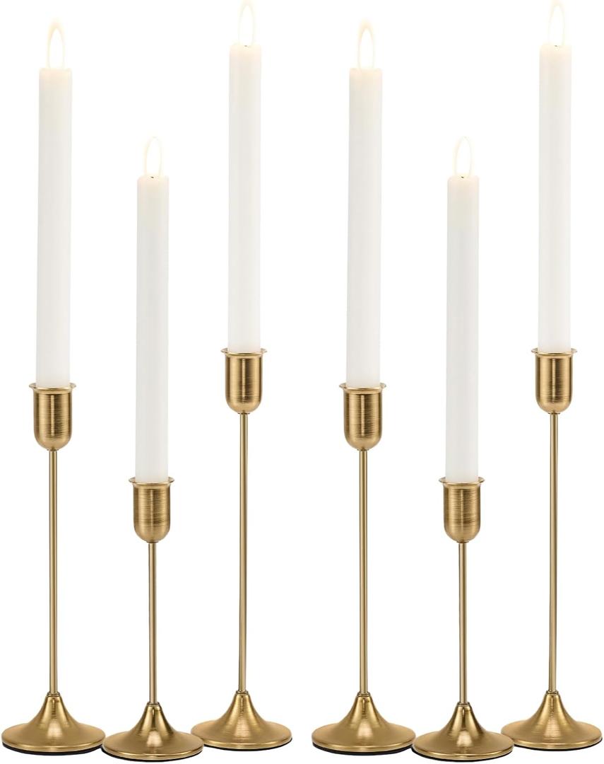 Brass Gold Candlestick Holders, Metal Taper Candle Holders Set of 6, Vintage Modern Candle Sticks Holder Decor for Table Centerpiece, Fireplace Mantel Wedding Housewarming Gift, Candlelit Dinner Dcor