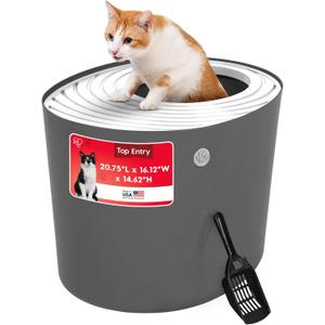 IRIS USA Cat Litter Box Large Top Entry with Lid Enclosed Covered Hooded Design Litter Catching Scatter Shield Pan Dog Proof Pet Proof Scoop Included Odor Control for Cats Kittens Dark Gray/White