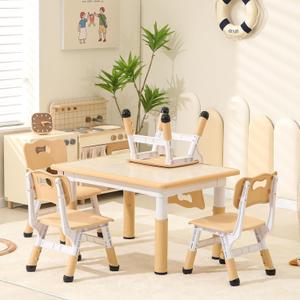 Height-Adjustable Kids Table and Chairs, 31.5''L x 23.6''W Toddler Table and 4 Chairs Set with Anti-Slip Foot Covers, Children Activity Table for Ages 2-10, Graffiti Desktop