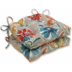 Pillow Perfect Bright Floral Indoor/Outdoor Tufted Wicker Seat Cushion With Ties, 2 Count, 17" x 17.5", Tan/Blue Colsen