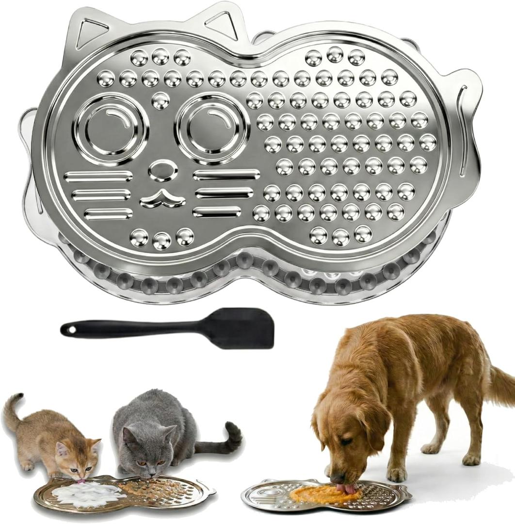 Heavy Duty Stainless Steel Lick Mat for Dogs & Cats  15" x 10" Extra Large Chew Proof Slow Feeder with Suction Cups, Metal Licking Pad for Anxiety Relief, Cute Cat Silhouette Design