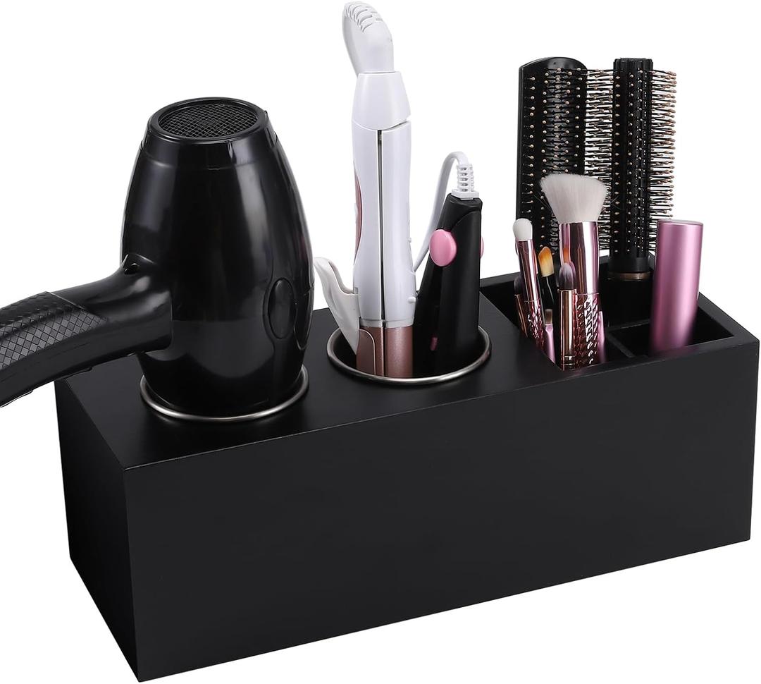 Hair Dryer Countertop Holder, Hair Tool Organizer Wall Mount, Blow Dryer Holder Organizer, Bathroom Countertop Blow Dryer Holder and Curling Iron Holder (Cedar Wood, Black)