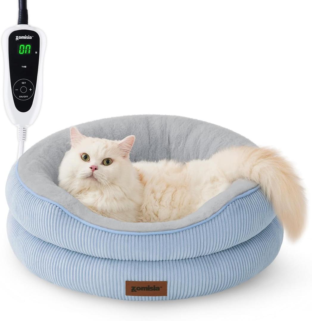 Heated Cat Bed Indoor - Adiustable Temperature Pet Heating Bed with Timer and Chew Resistant Cord, Washable Puppy Bed with Non-Slip Bottom, 21" x 21" x 8", Blue