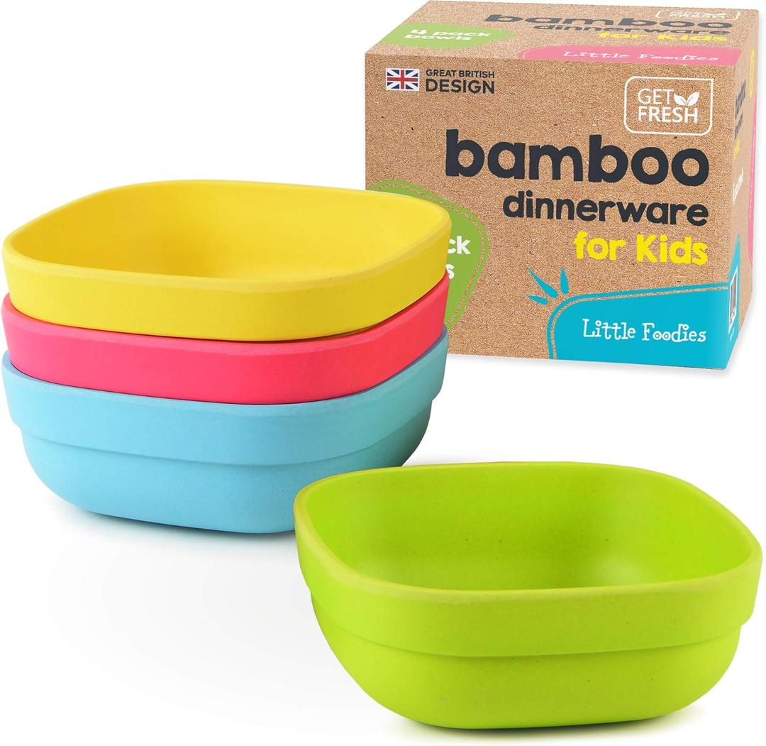 Bamboo Kids Bowls, 4 Pack Set, Stackable Bamboo Dinnerware for Kids, Bamboo Fiber Kids Bowls Set, Dishwasher Safe and Stackable