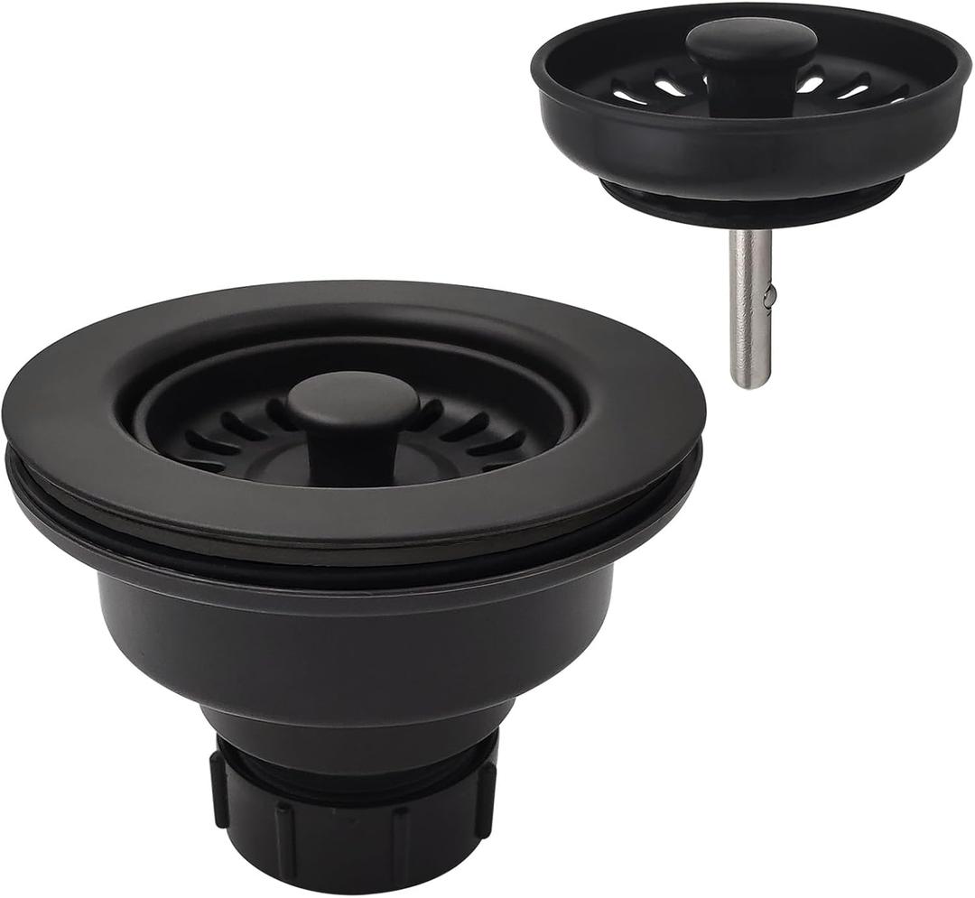 Black Polymer Drain Kitchen Sink Drain Assembly with 2 Removable Basket Strainers and Rubber Stopper for 3.5-Inch Drain Openings, Matching Color of Quartz Granite Sinks