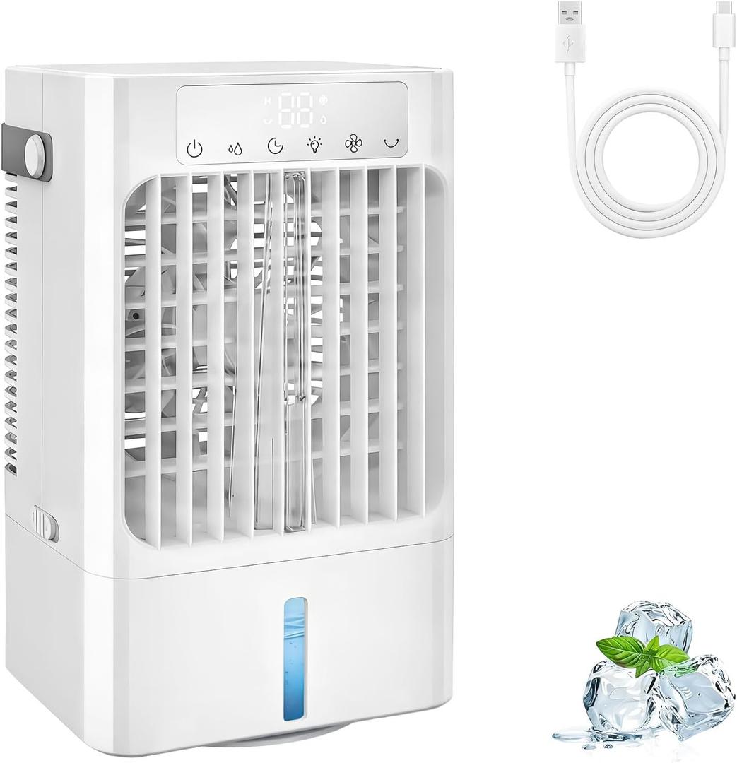 Portable Air Conditioner Fan, Mini Evaporative Air Cooling Fan with 3 Speeds & 1-8H Timer, Air Cooler Fan with 7 Colors LED Light and 3 mist,Portatil for Bedroom Office Desk-900ml