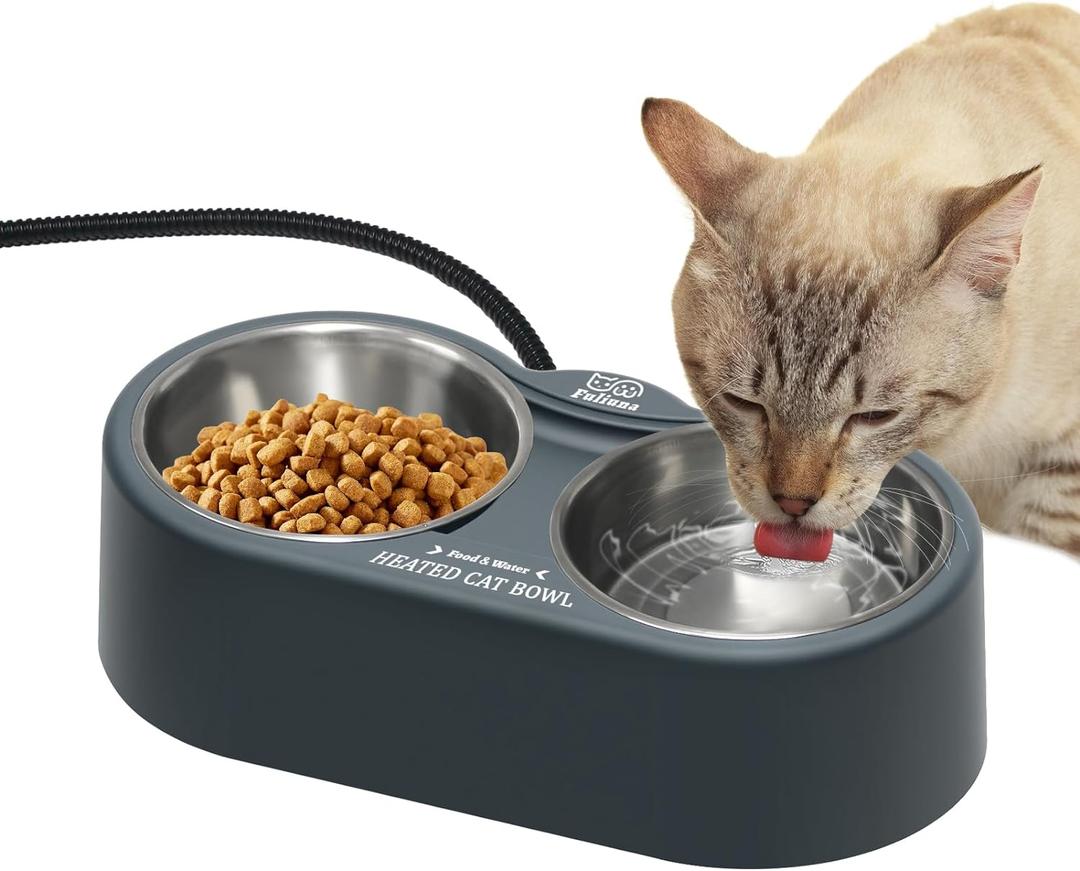 Heated Cat Bowl, Outdoor Heated Pet Bowls with Double Stainless Steel Bowl 24 OZ, Water Food Bowls for Cat Pet, Provide Drinkable Water and Hot Food in Winter