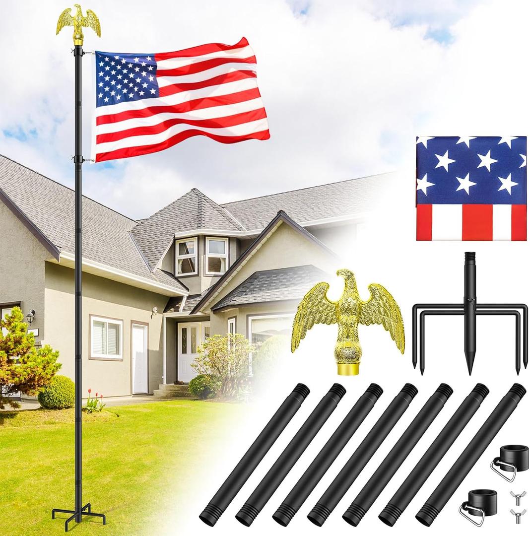 Flag Pole for Outside House, Outdoor Black Heavy Duty 10 FT Flag Pole Kit, for Residential or Commerical, Tangle Free Flagpole (Include American 3 X 5 Flag, 5 Pronges Base, Eagle Shaped Head)