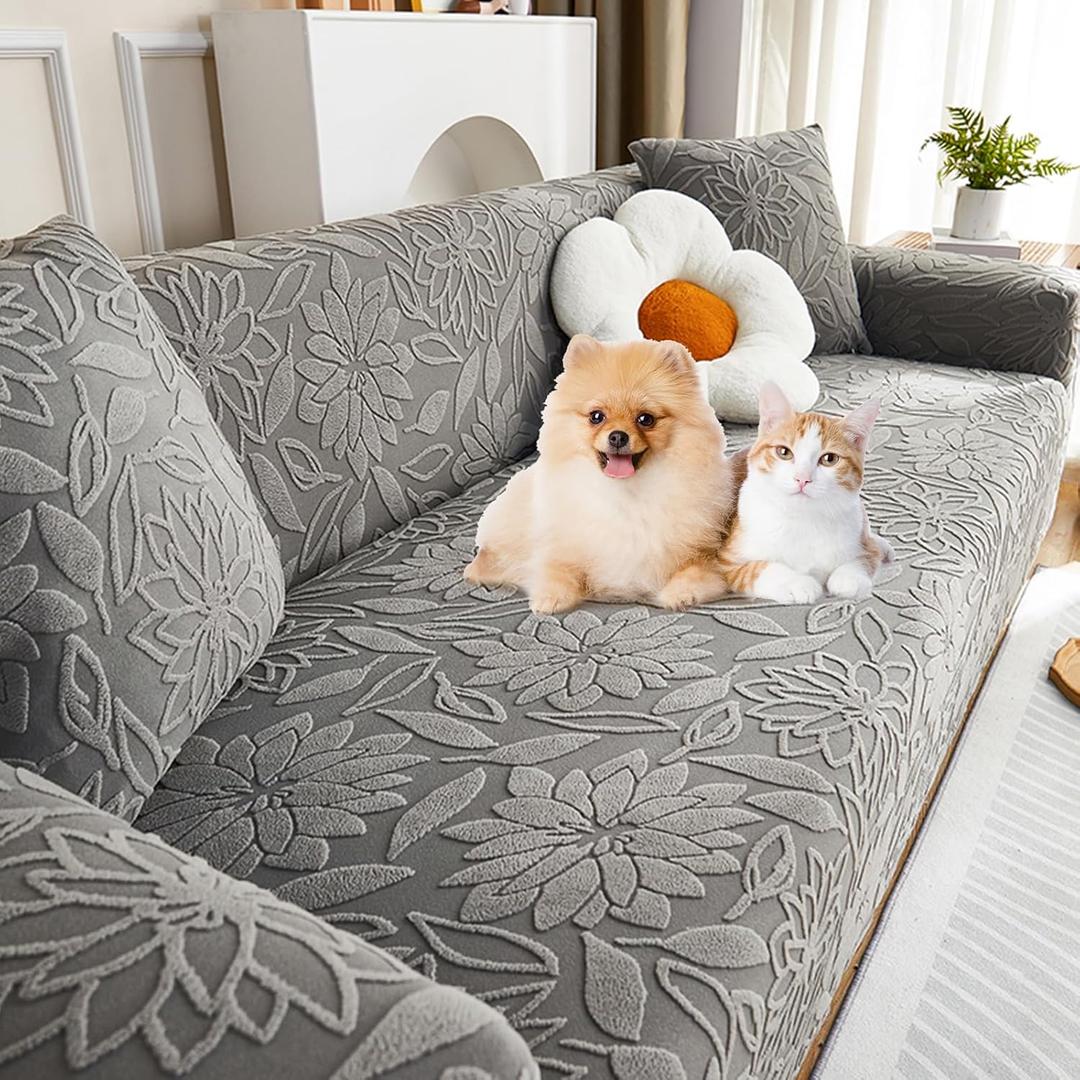 Pet Couch Covers for Sofa, Boho 3D Floral Couch Protector for Dogs with 2 Pillow Covers 18x18, Soft Comfy Washable Plush Sofa Mat Pet Bed Couch Slipcover (Dark Gray,S)