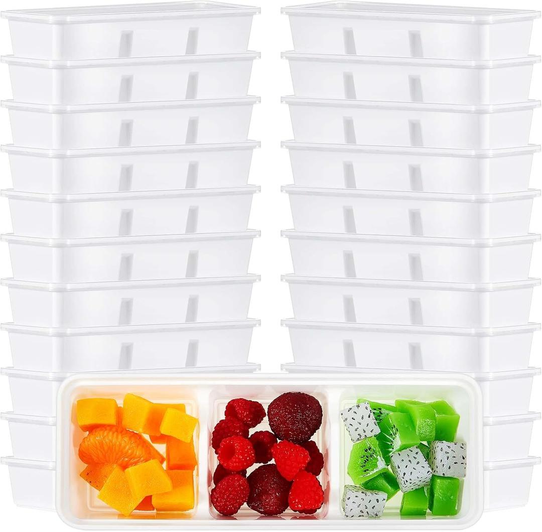 Hushee 50 Pack 17 oz Small Meal Prep Containers with 3 Compartments Snack Containers with Lid Disposable Plastic Bento Box Travel Lunch Food Boxes Stackable for Office Picnic (White)