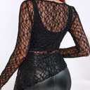 CHICME Womens Long Sleeve Mesh Top Round Neck Lace Floral See Through Blouses Casual Asymmetrical Shirt (Without Tank) (Black, S)