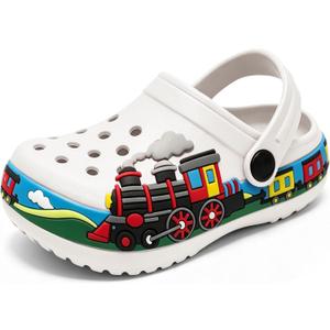 FolHaoth Toddlers Clogs Cute Cartoon Train Shoes Boys Girls Slip on Slides Sandals Slippers Lightweight Breathable Kids Garden Clogs Non Slip Indoor Outdoor Beach Pool Shower Water Shoes, Size 29