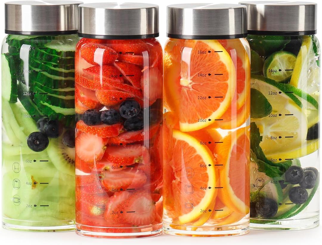 16oz Glass Juice Bottles  4 Pack Reusable Wide Mouth Bottles with Stainless Steel Lids & Cleaning Brush, BPA-Free Water Bottles for Juicing, Smoothies, Milk, and Protein (480ml)