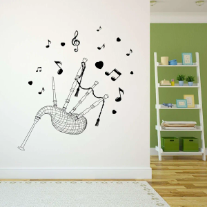 Design With Vinyl Music Wall Decal Bagpipe Silhouette with Heart and Musical Notes on White Background Removable - Size: 36 in x 40 in
