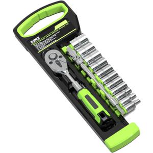 OTLOOMTBT 15pcs 1/4 Inch Drive Ratchet Socket Wrench Set, with Metric 4-14mm and Front and Rear Quick Released Ratchet Handle and Extension Bar Universal Joint Hand Drill Adapter, Portable Organizer