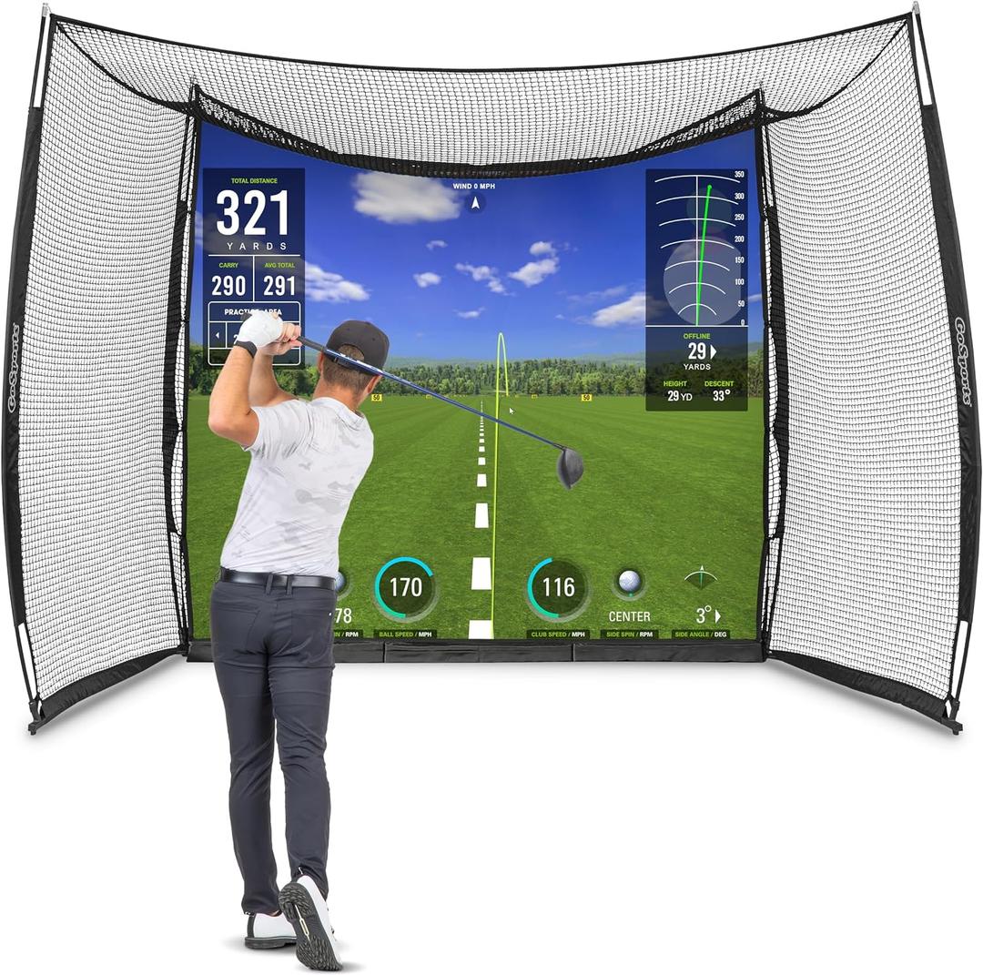 GoSports Range Cage 10 ft x 8 ft Golf Net Cage  Indoor & Outdoor Golf Practice Net for Full Swing Training and Home Golf Simulator Setups (Blank Simulator Screen)