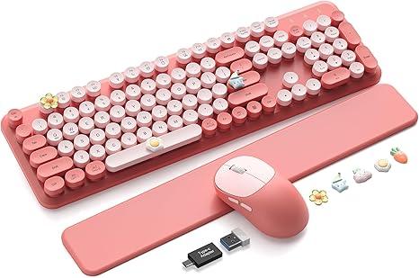 Wireless Keyboard and Mouse Combo, Typewriter Keyboard with Magnetic Wrist Rest, FullSize Cute Round Keycaps, Sleep Mode, 2.4G Keyboards for Mac/Windows/PC, Office or Home, Trueque CK23Pro