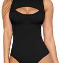 MANGOPOP Women's Mock Neck Cutout Front Bodysuit Long Sleeve Sleeveless Turtle Neck Body Suits Sexy Tops (01 Black Sleeveless)
