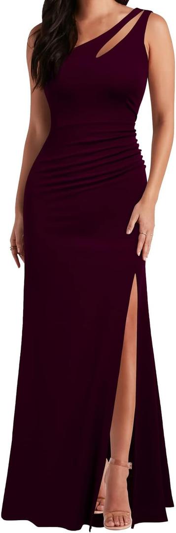 WOOSEA Women's One Shoulder Sleeveless Split Bodycon Mermaid Evening Cocktail Long Dress Burgundy, XL