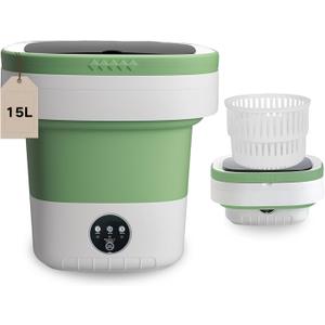 Portable Washing Machine, 15L Mini Collapsible Washer with 3 Cleaning Modes for Baby Clothes, Underwear, Small Foldable Laundry for Travel Apartment Home Dorm Hotel Camping (White+Green)