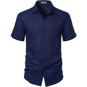 ZEROYAA Men's Linen Shirts Short Sleeve Summer Casual Button Down Beach Shirt with Pocket (XL)