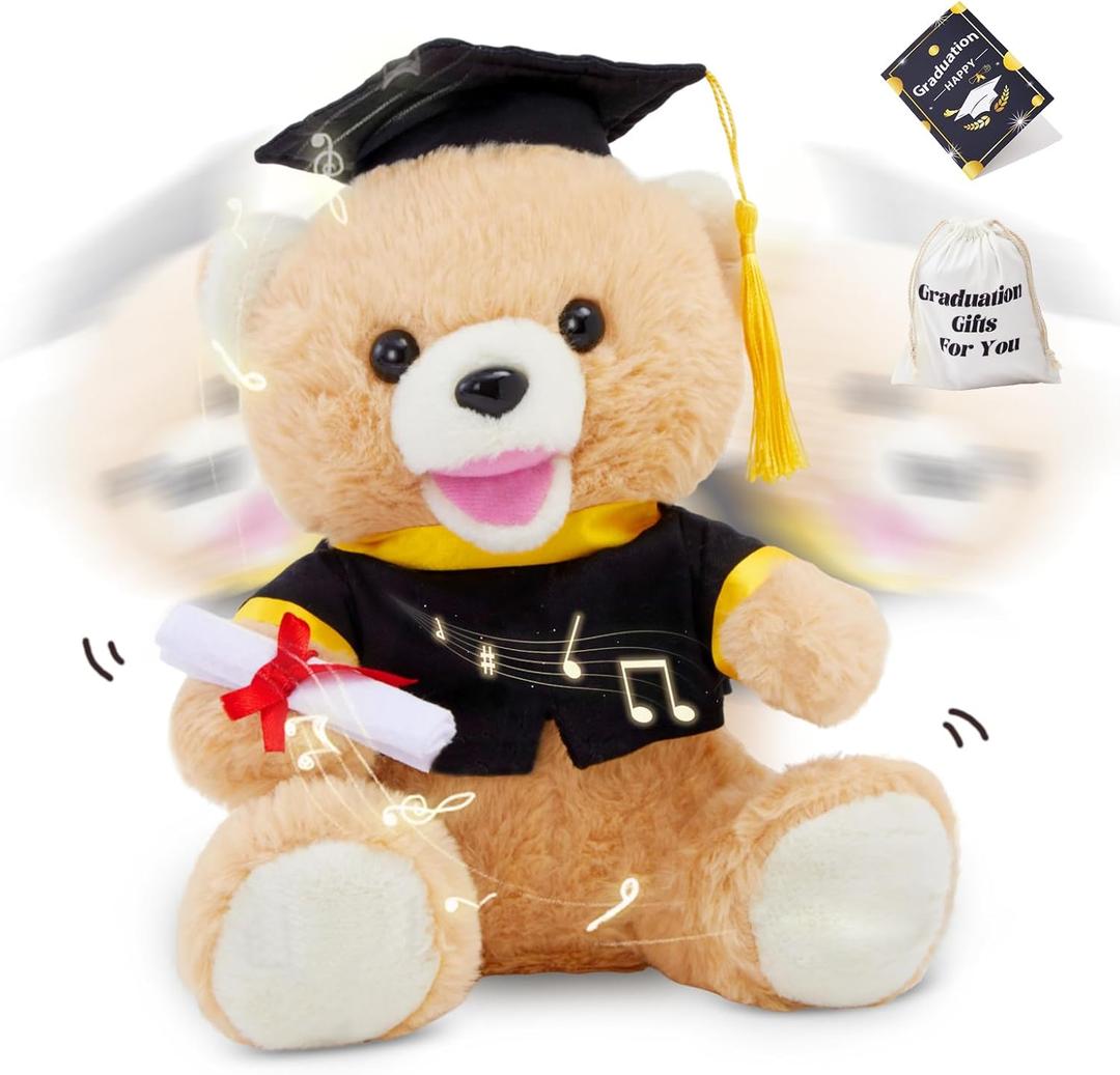 Graduation Teddy Bear Class of 2026, 10 Inch Singing Dancing Plush Toy with Nodding Head, Stuffed Animal Grad Bear with Cap and Certificate, Gift for Kindergarten High School College Graduates