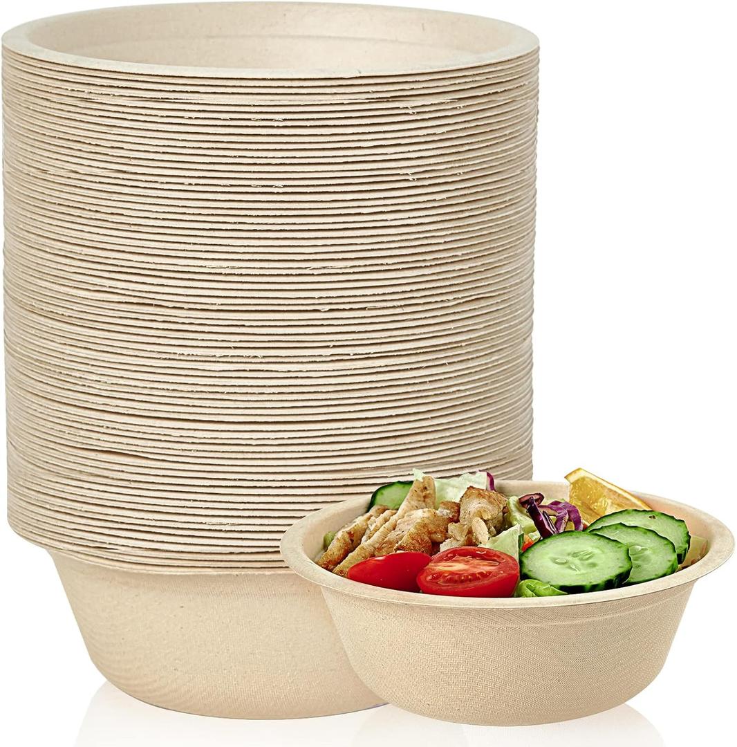 ECOLipak 150 Pack Compostable Disposable Paper Bowls, 16 OZ Biodegradable Bagasse Eco-Friendly Sugarcane Soup Bowls for Salad Wheat Flakes(Nature)