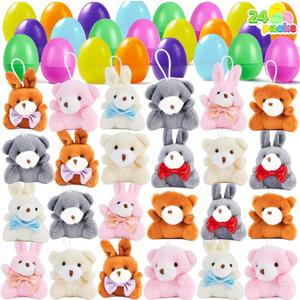 JOYIN 24 Pcs Pre-Filled Easter Egg with Plush Bunnies and Bears, Plush Animal Keychain for Kids Easter Egg Hunt, Goodie Bag Fillers, Basket Stuffers, and Party Favor