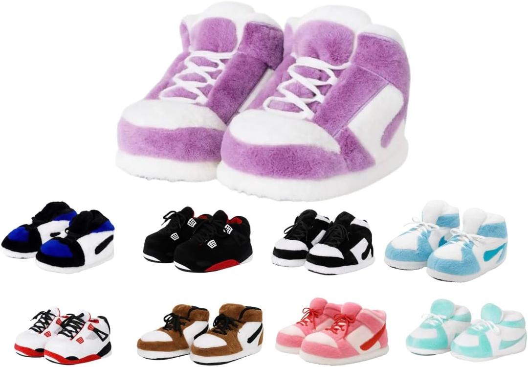 Warm Sneaker Slippers Anti Slip Soft Comfy House Shoes Plush Fuzzy Slide One Size Fits Most Bigfoot Gift Winter Fluffy Slides For Indoor Outdoor (Small-Large Women/Small-Large Men, Purple White)