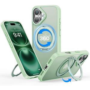 QTlier for iPhone 16 Case, 360 Rotatable Ring Stand, Raised Camera Frame, Shockproof Case Compatible with MagSafe, Case for iPhone 16, Translucent Avocado Green