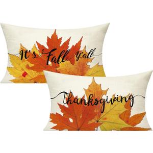 All Smiles Thanksgiving 12x20 Lumbar Throw Pillow Covers Set of 4 Fall Cushions Cases Decorations Outdoor Autumn Maple Leaves Orange Decorative Kitchen Home Decor Cushion for Sofa Porch Couch (12" x 20" (Pack of 4), Fall Leaf)