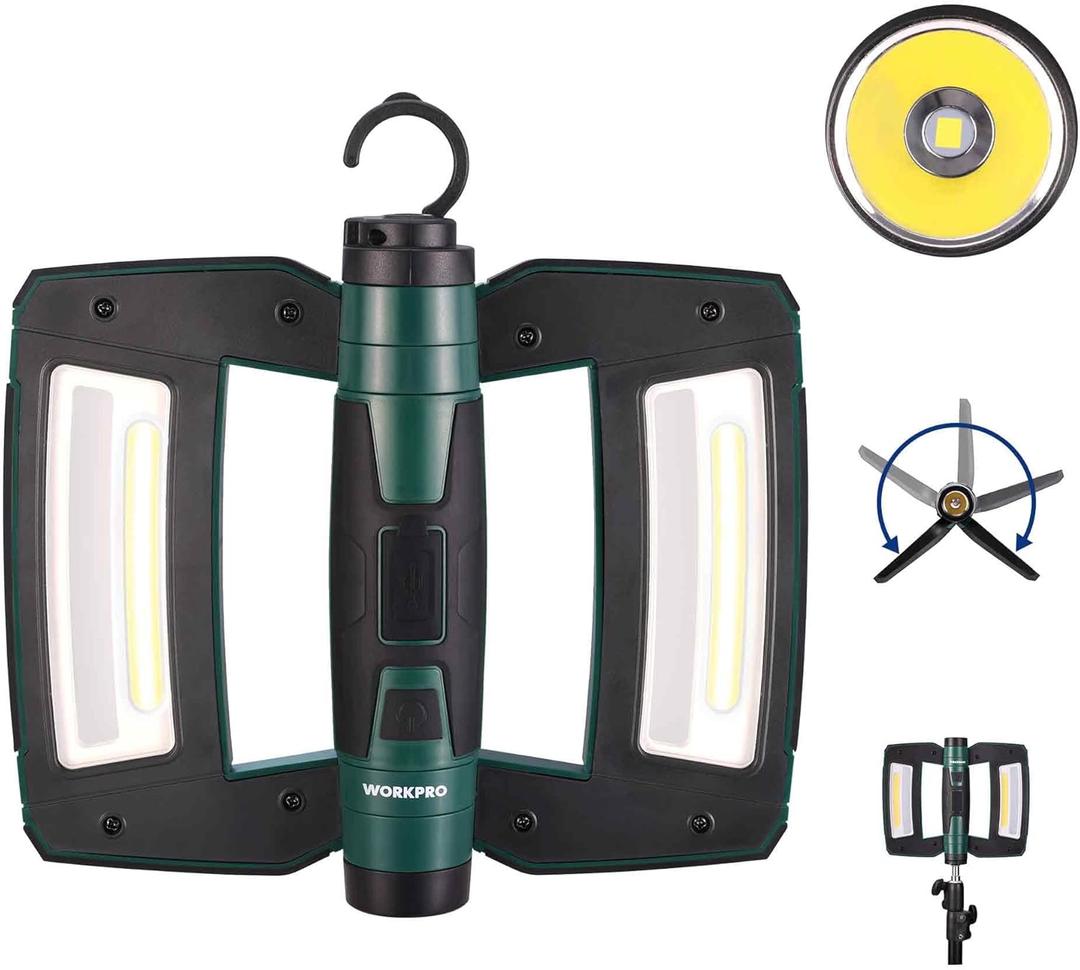 WORKPRO Rechargeable USB-C LED Work Light, Foldable Magnetic Light with Hanging Hook, 270 Rotatable, Tripod Mountable, Cordless Flashlight Light for Garage, Workshop, Auto Repair, Camping