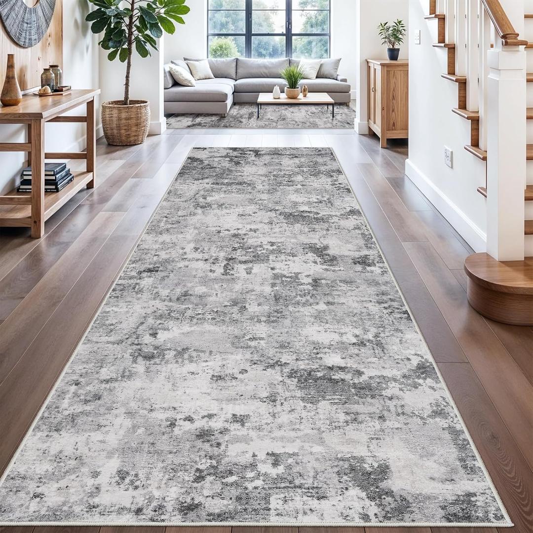 3x10 Hallway Runner Rug Washable: Non Slip Abstract Rugs for Kitchen Entryway- Ultra Thin Low Pile Stain Resistant Long Indoor Carpet Living Room - Modern Home Decor 3x10 Black Grey
