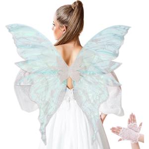 NUVCELKA Fairy Wings for Adults, Butterfly Costume with Lace Gloves, Large Fantasy Wings for Halloween Cosplay (White Light Blue - Organza)