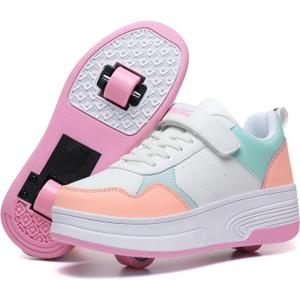 HSQ Fashion Sneaker Roller Skate Shoes for Boys Girls Kids Detachable Wheeled 2 in 1 Skating Shoes with Wheels (Green/Orange/White 156)