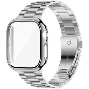 iiteeology Compatible with Apple Watch Band 42mm Series 11 Series 10, Upgraded Stainless Steel Band with iWatch Screen Protector Case for Men Women Silver/Silver