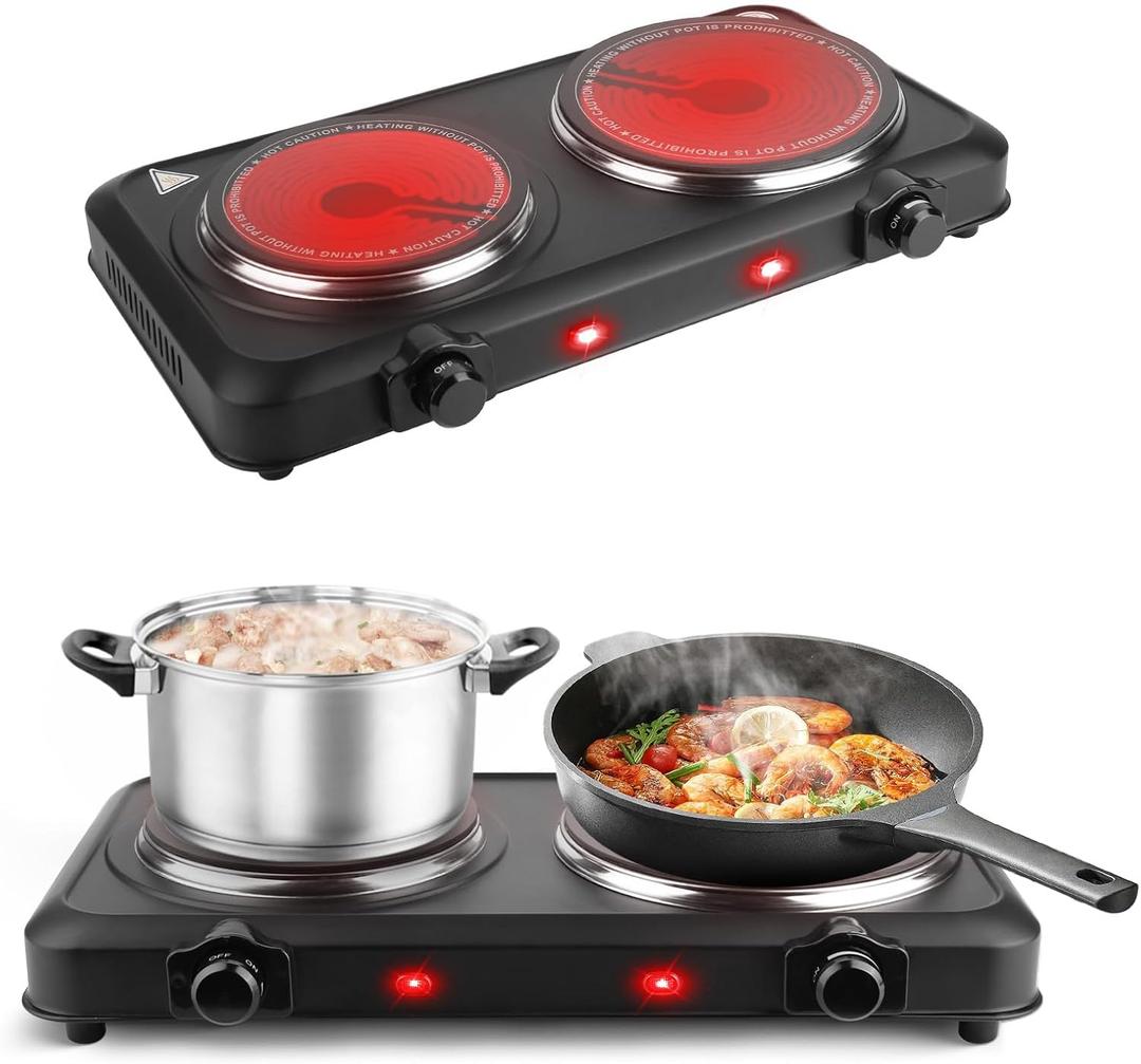 2000W Hot Plate,Portable Electric Stove Countertop Double Burner Infrared Burner with 7.5” & 6.3” Ceramic Glass Cooktop Stepless Temperature Adjustments for Home RV Camp