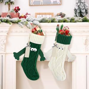 Christmas Stockings Magnetic Holding Hands Socks with Name Tags, Knitted Christmas Stocking Stuffers Boys Girls Personalized Xmas Party Home Decor Funny Socks Gifts, Green and White, 2 Pack
