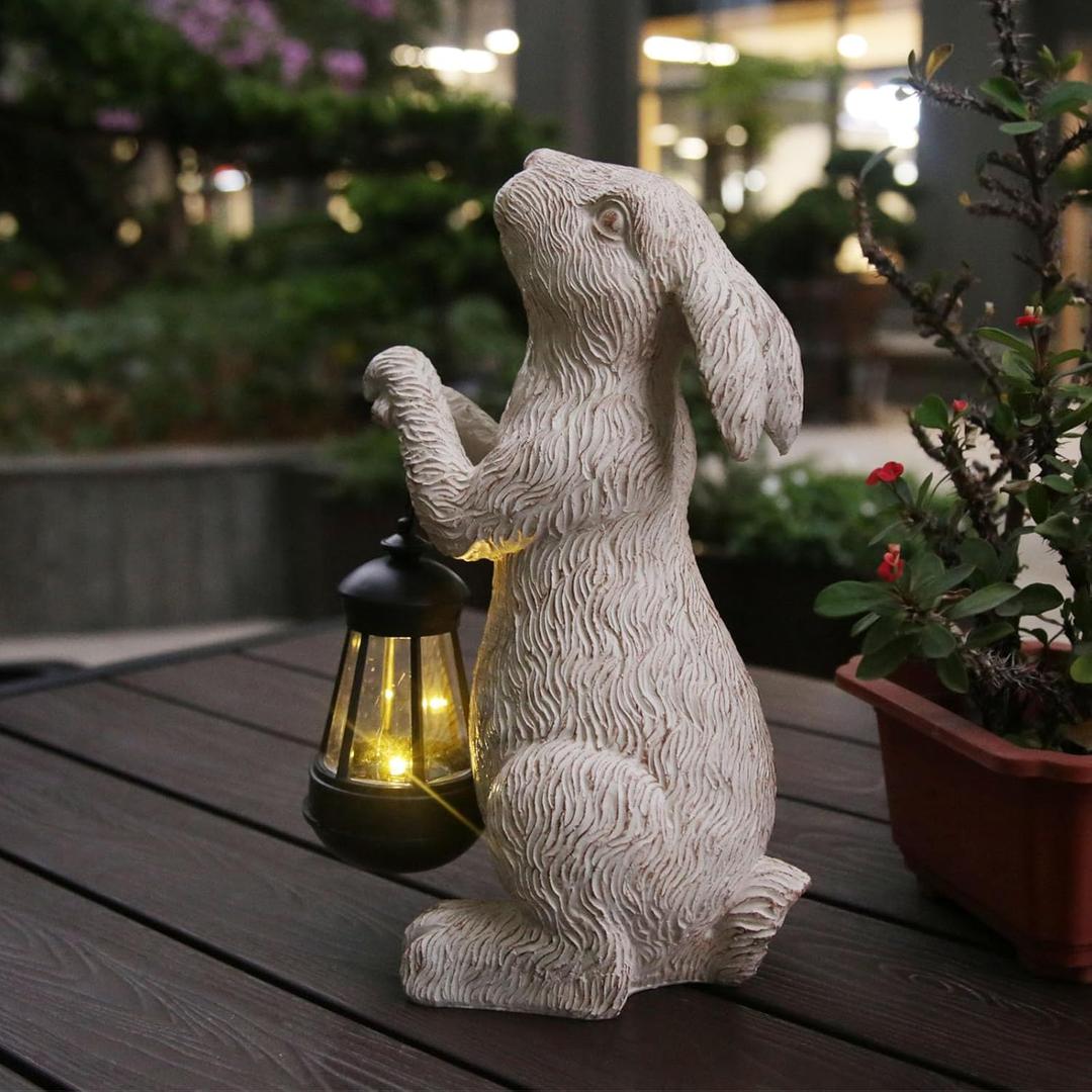 Garden Statues Rabbit with Solar Lights- Bunny Figurine Outdoor Rabbit Fall Decor for Home Lawn,Balcony-Yard Art Garden&Patio Whimsical Decor,Unique Housewarming&Birthday Gifts for Women Mom