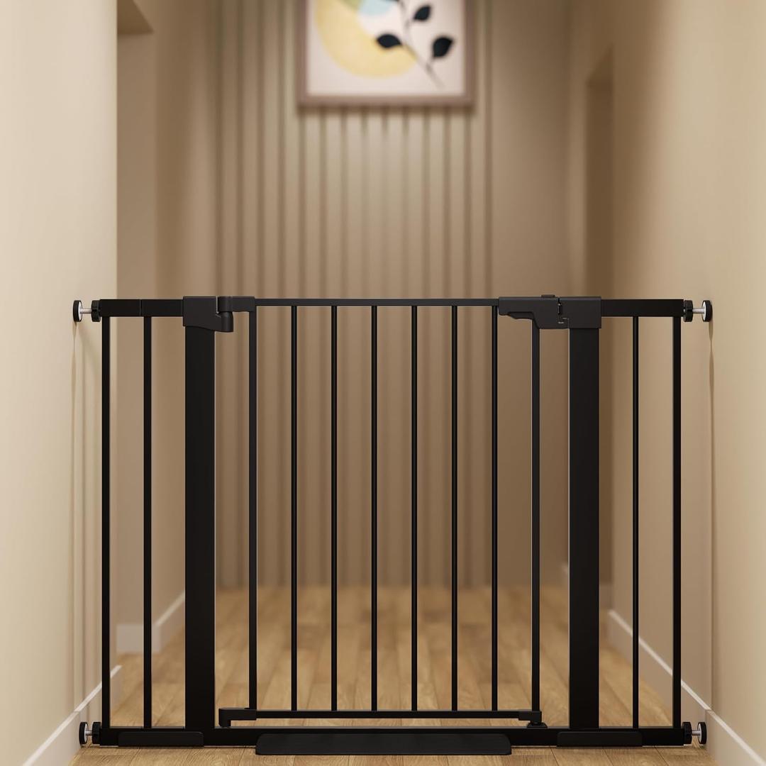 29-42 inches Metal Baby Gate for Stairs/Doorways, 30 inches Tall Pressure Mounted Pet Gates, Auto-Close Child Safety Gate, No Drilling Easy Walk-Through Dog Gate Indoor, Black