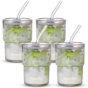 13oz/400ml Glass Water Tumbler with Straw and Lid Sealed Carry On Thick Wall Iced Coffee Cup Glass Cup for Water, Iced Tea Fruit Juice (Aurora White-4Pack)