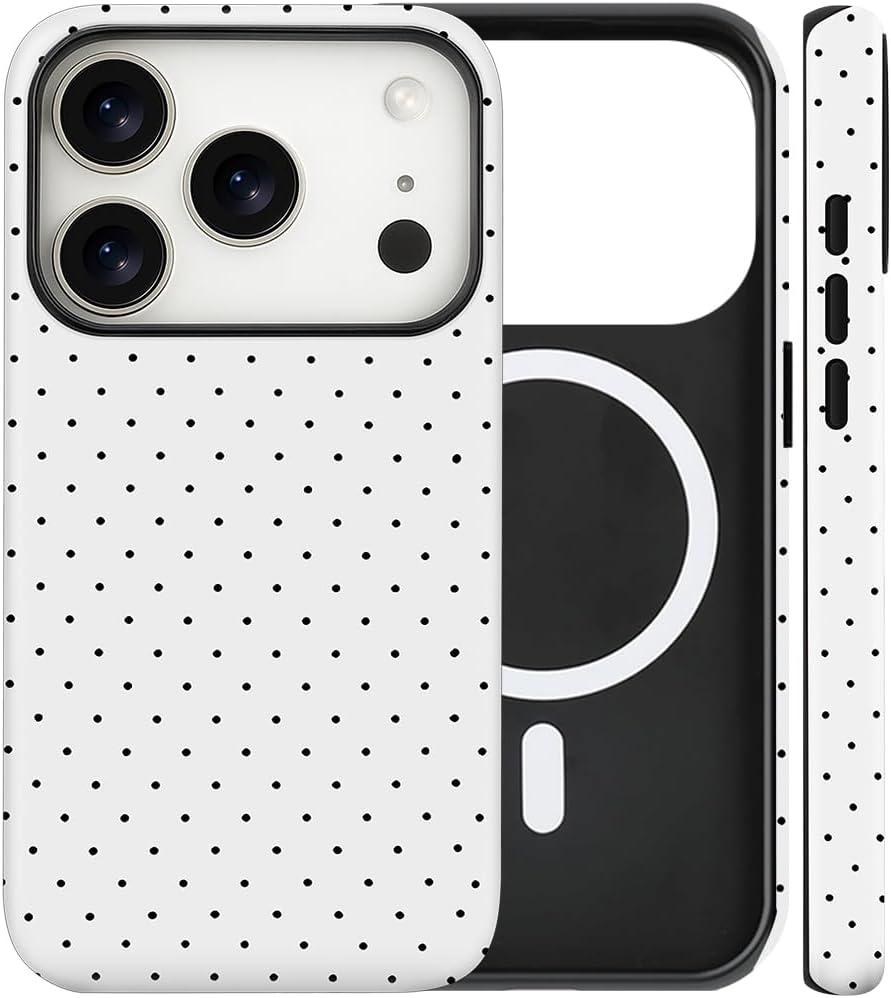 Magnetic for iPhone 17 Pro Case Cute Polka Dot Phone Case, Shockproof Slim TPU and Hard PC Protective Phone Cover Compatible with MagSafe Designed for Women Girls, White