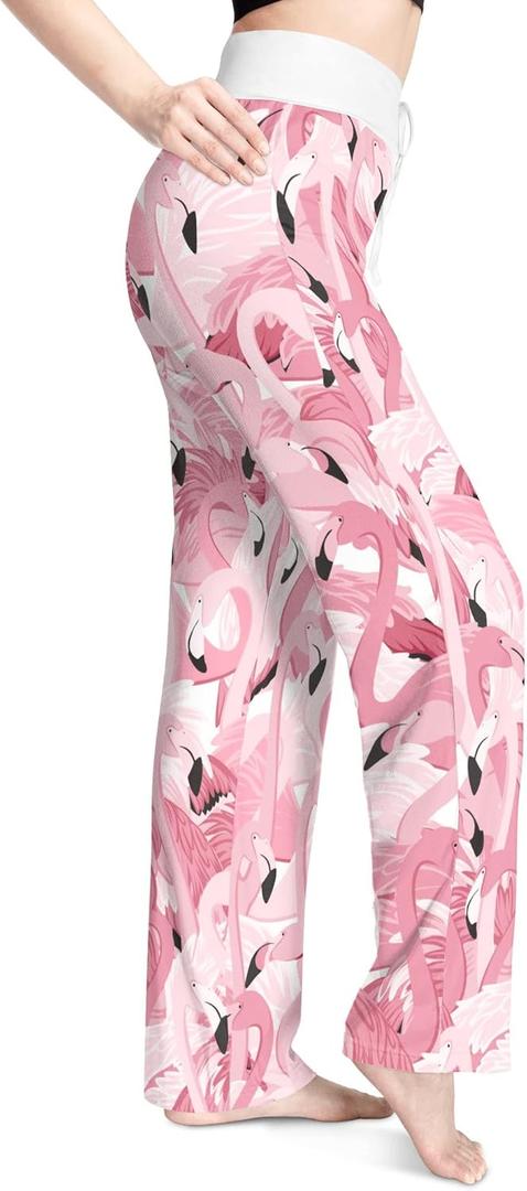 Women's Comfy Pajama Pants Casual Drawstring Stretch Wide Leg Palazzo Lounge Pants (Medium, Flamingo)